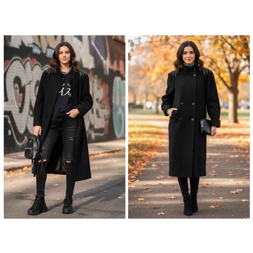 Double Breasted Wool‎ Trench Coat Womens PSmall Black Leather Accents USA Made
